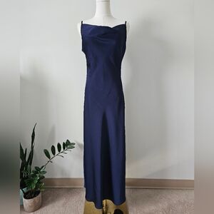 Shein M 6 Cowl Neck Satin Style Elegant Navy Blue Women's Dress